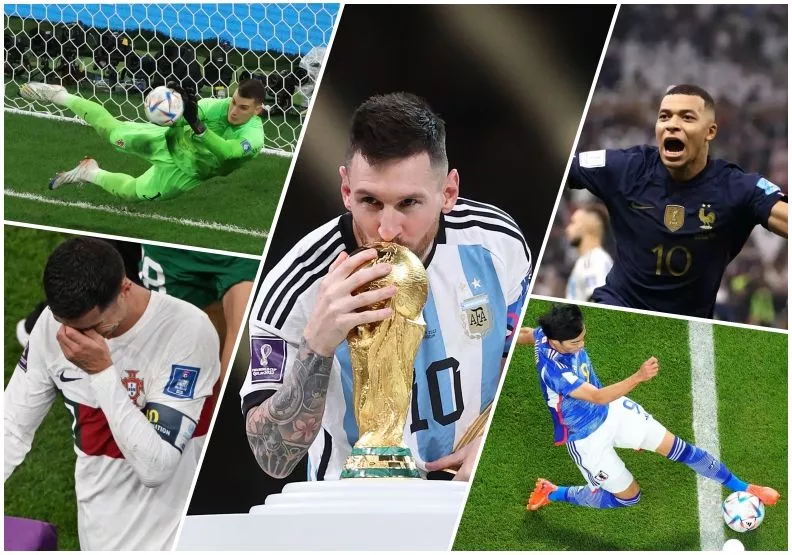 世界盃比賽關鍵畫面拼圖,呈現進球、撲救、失落與奪冠等經典瞬間