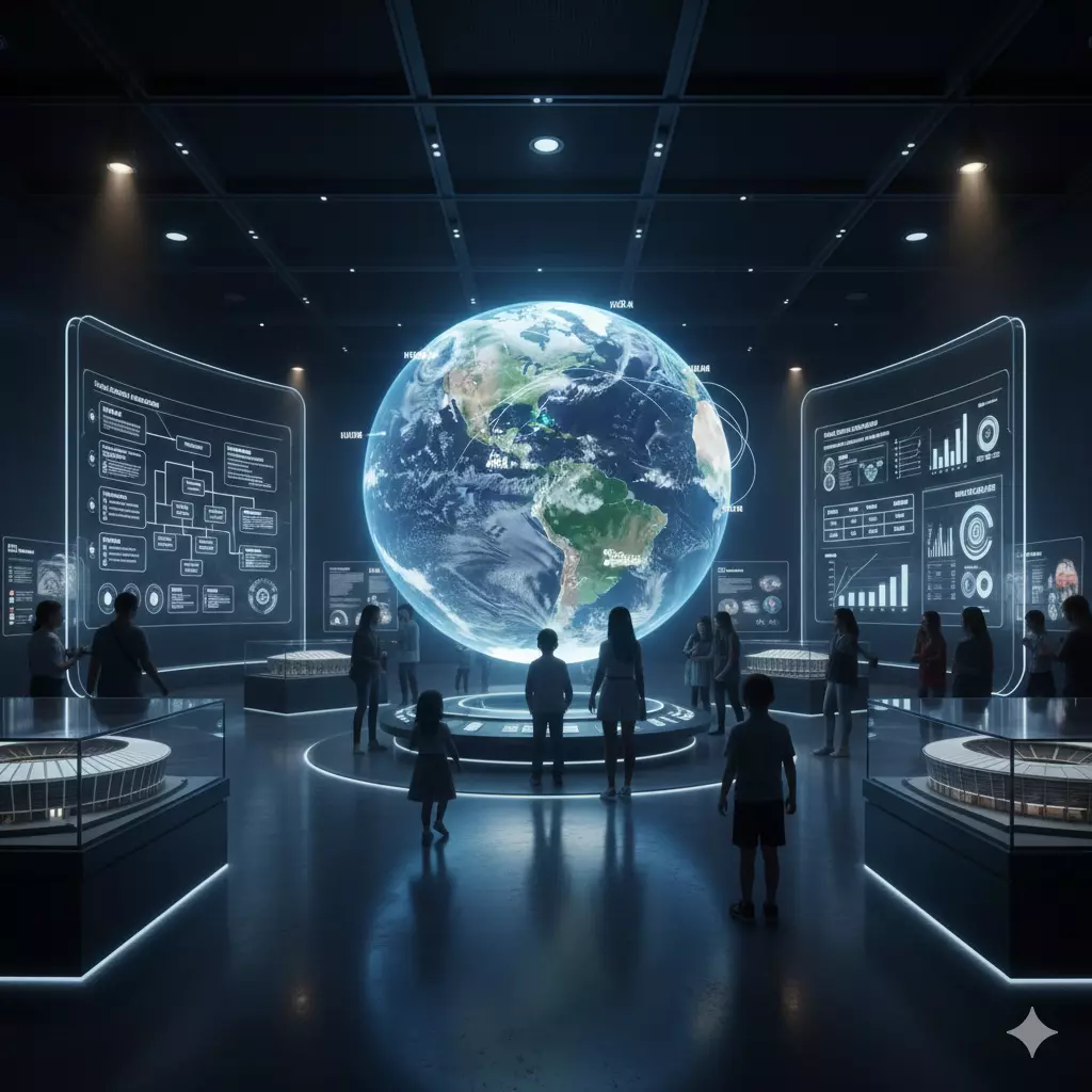 世界盃主辦國主題形象圖,中央為立體地球投影裝置,周圍展示數據面板與場館模型,象徵全球主辦國分布與發展