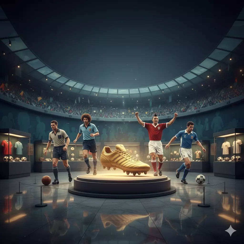 世界盃金靴獎形象圖,中央為金色足球鞋獎盃展示台,周圍為歷代球員奔跑畫面,象徵金靴獎歷史傳承