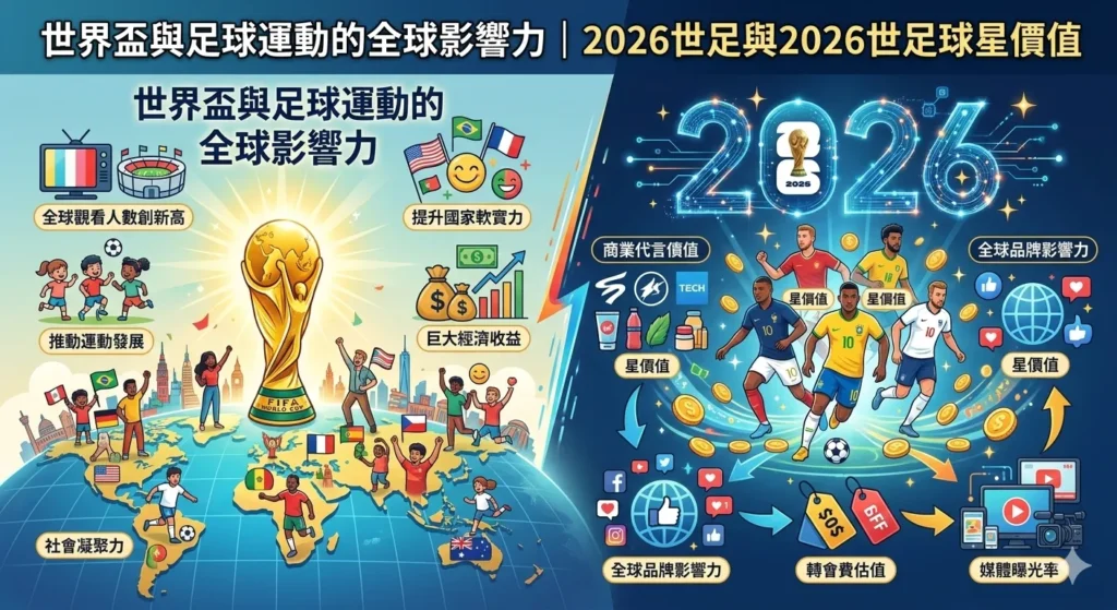 2026世足全球影響力資訊圖,展示世界盃對足球產業與球星價值提升效果