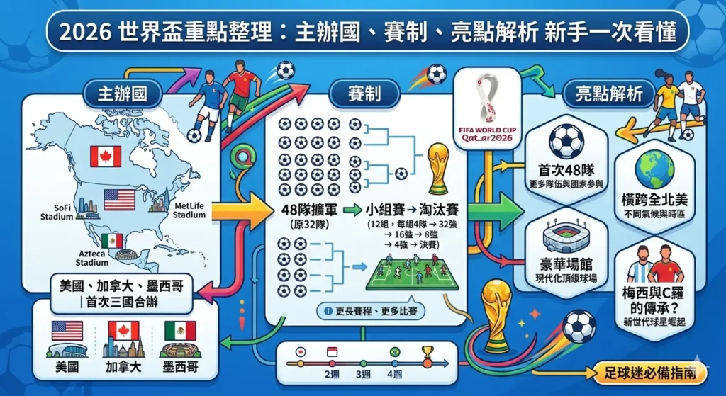 2026世界盃重點整理資訊圖,展示主辦國、48隊賽制與賽事亮點