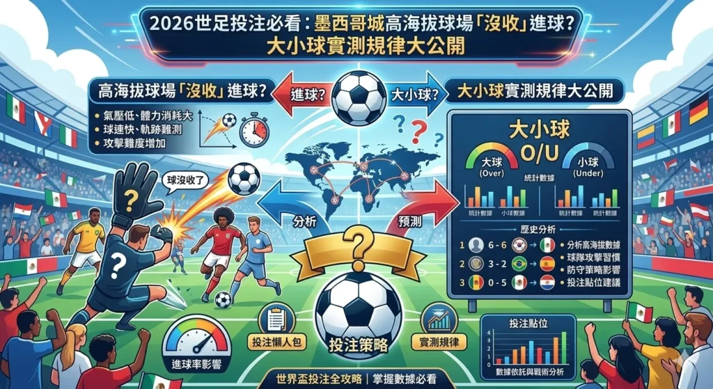 2026世足投注分析資訊圖,主題為墨西哥城高海拔球場對進球與大小球的影響,圖中呈現球員射門、守門員撲救、世界地圖與數據圖表,說明高海拔環境可能影響進球率與大小球判斷。
