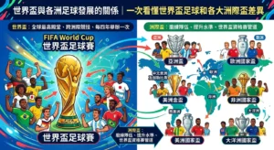 世界盃與各洲際盃對照圖,展示FIFA世界盃與亞洲盃、歐洲國家盃、美洲盃、非洲國家盃及大洋洲賽事差異