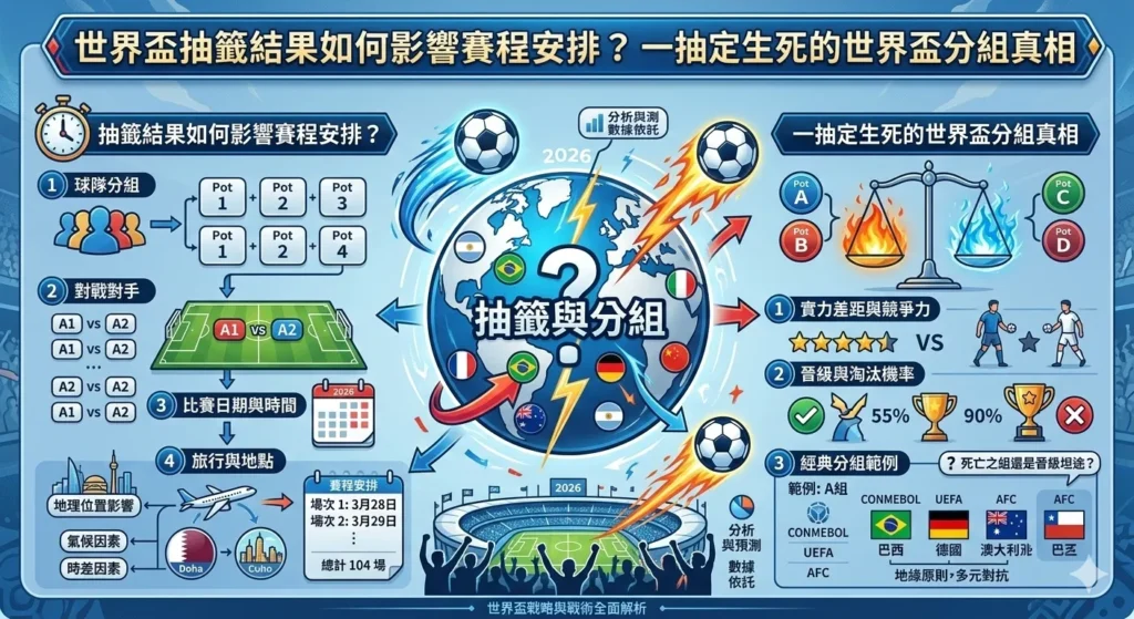 世界盃抽籤分組結果資訊圖,說明世界盃抽籤如何影響賽程安排與分組結構