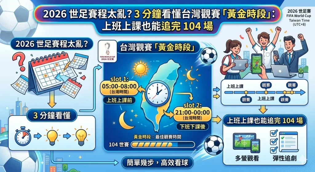 2026世足賽程台灣觀賽黃金時段資訊圖,整理104場比賽時段分布與UTC+8時間換算